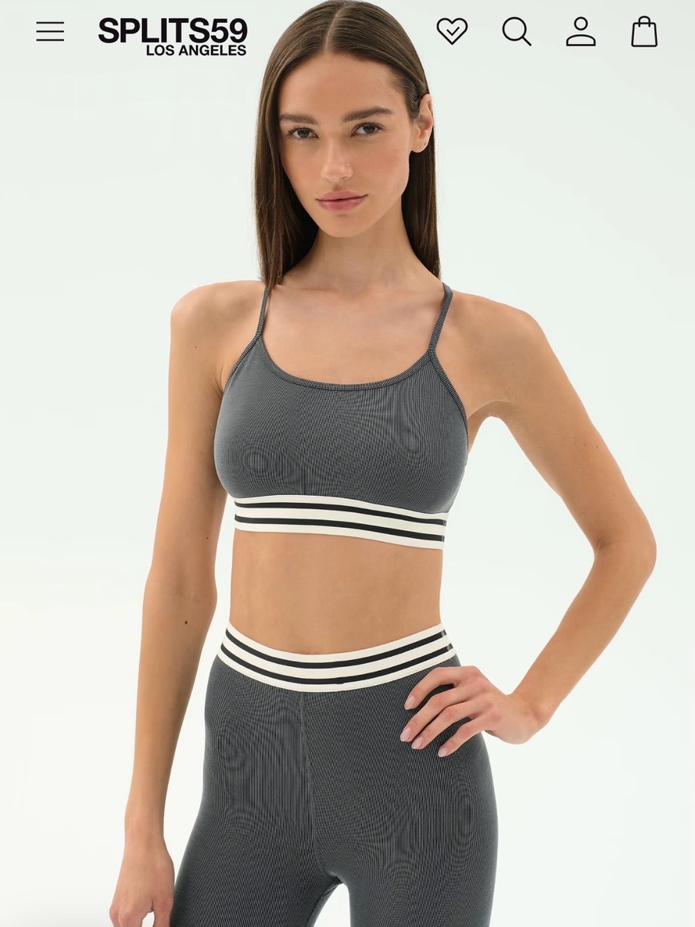 SPLITS59 Charcoal Ribbed Sports Bra with Black & White Striped Band